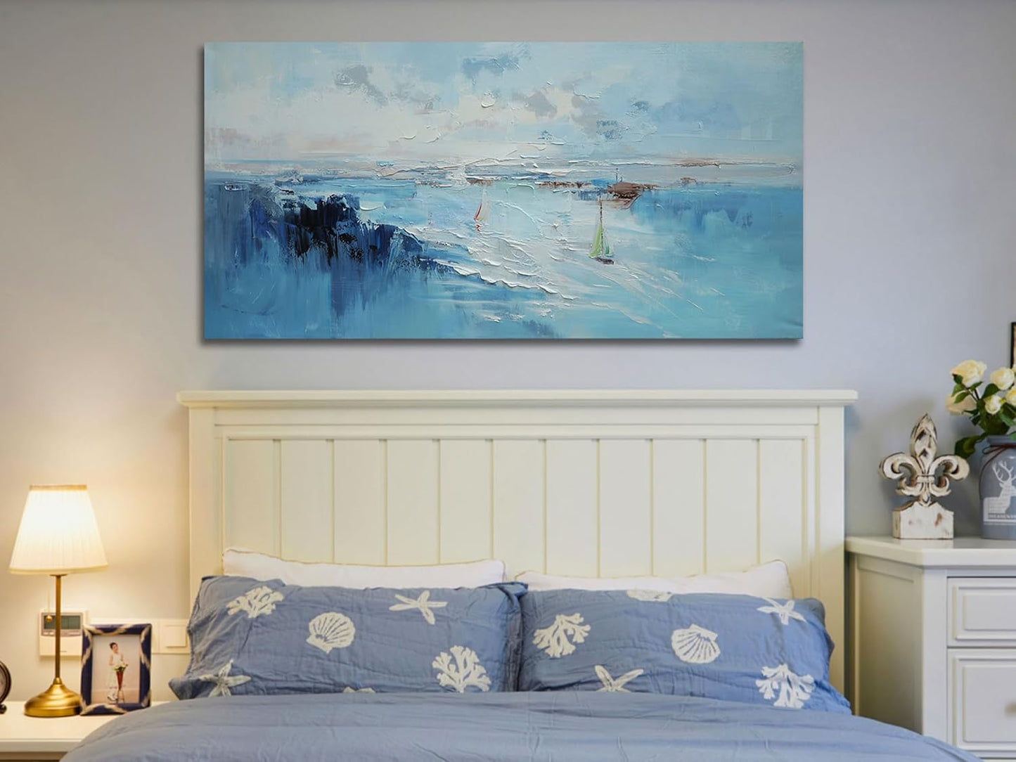 Ardemy Abstract Wall Art for Living Room Large Teal Coastal Sailboat Textured Bedroom Pictures Wall Decor Artwork for Walls Home Office Kitchen Dining Room, 48"x24"