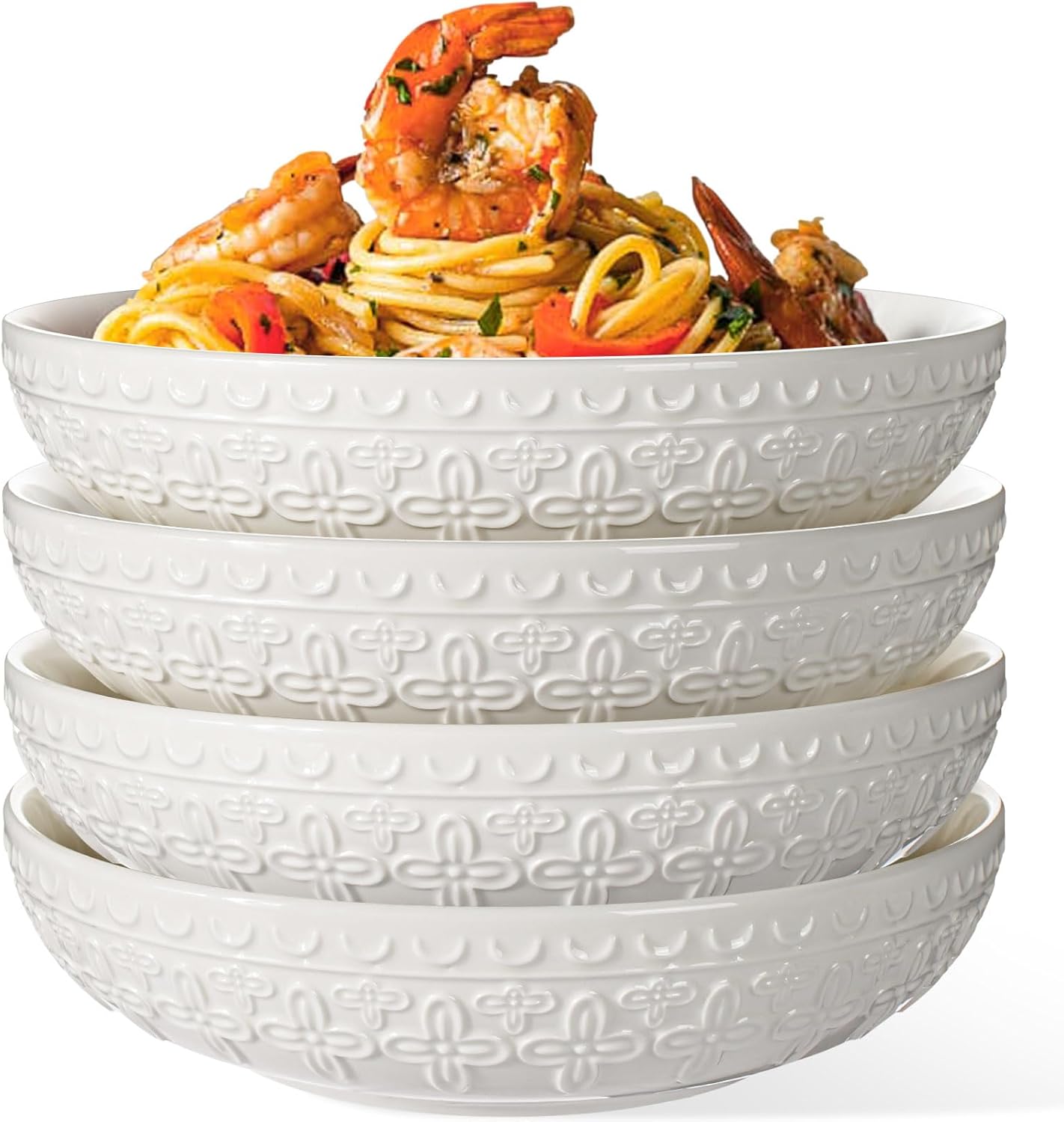 Pasta Bowls, 32oz Salad Bowls Set of 4, White Ceramic Soup Bowls 8 Inch Embossment Large Serving Bowl Wide and Shallow Bowls for Kitchen, Microwave & Dishwasher Safe (Cross Floral)