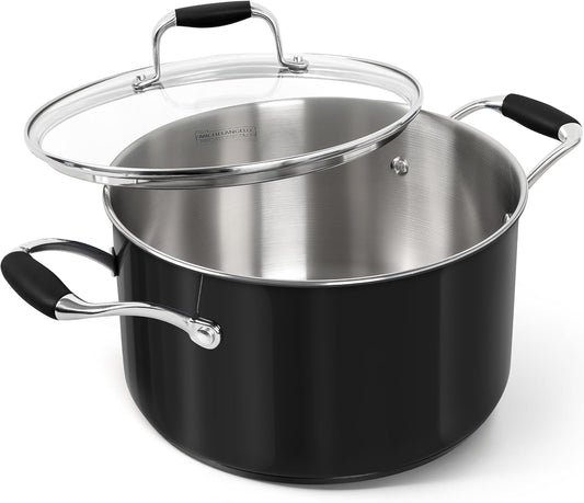 MICHELANGELO Stainless Steel Cooking Pot - 6 Quart Soup Pot with Lid, Non-Toxic Stockpot Induction Compatible, Oven & Dishwasher Safe, Black Exterior