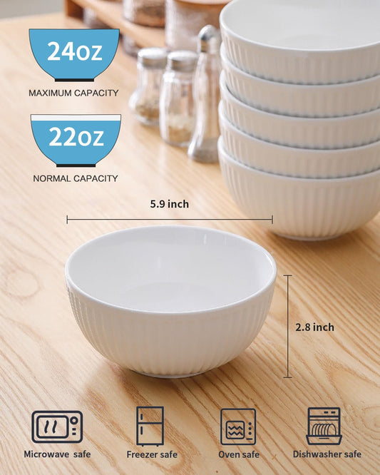 Hasense Cereal Bowls Set Ceramic 24 Oz - 6 Inch Soup Bowl Set of 6 for Kitchen,Modern Ribbed White Porcelain Dishes for Entertaining,Soup,Oatmeal,Pasta,Cereal,Noodle - Dishwasher & Microwave Safe