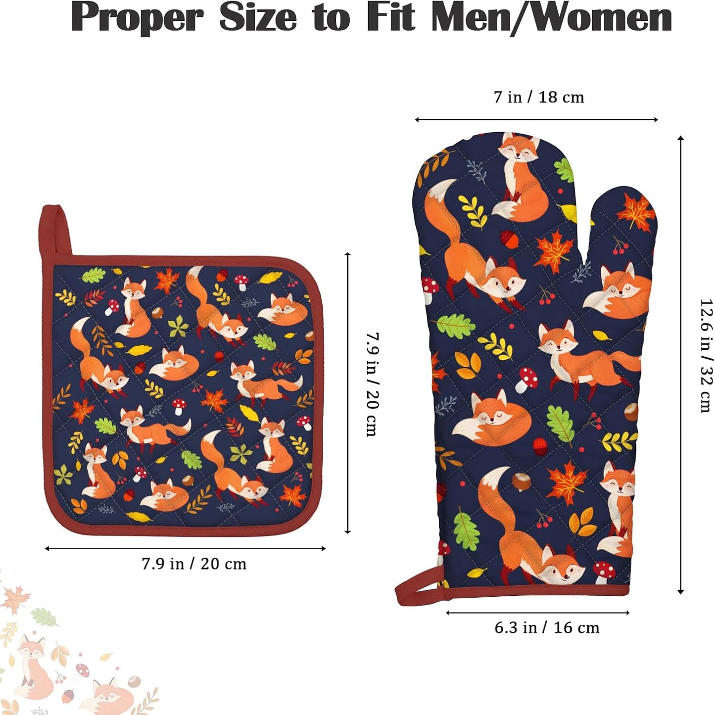 Fox Leaf Oven Mitts and Pot Holders Sets 2Pcs, 100% Cotton Heat Resistant, Extra Long Oven Gloves Potholder for Kitchen Cooking Baking Decoration