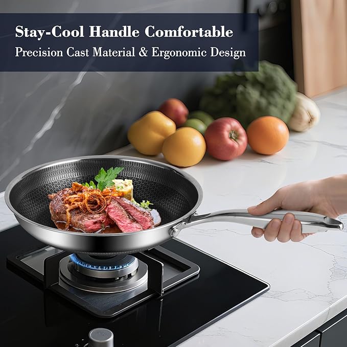 10 Inch Hybrid Non Stick Frying Pan Set Skillet Stainless Steel Skillet Chef's Pan with Matching Lid, PFOA-Free Non-Toxic Cookware, Dishwasher & Oven Safe, Induction Compatible All Cooktop