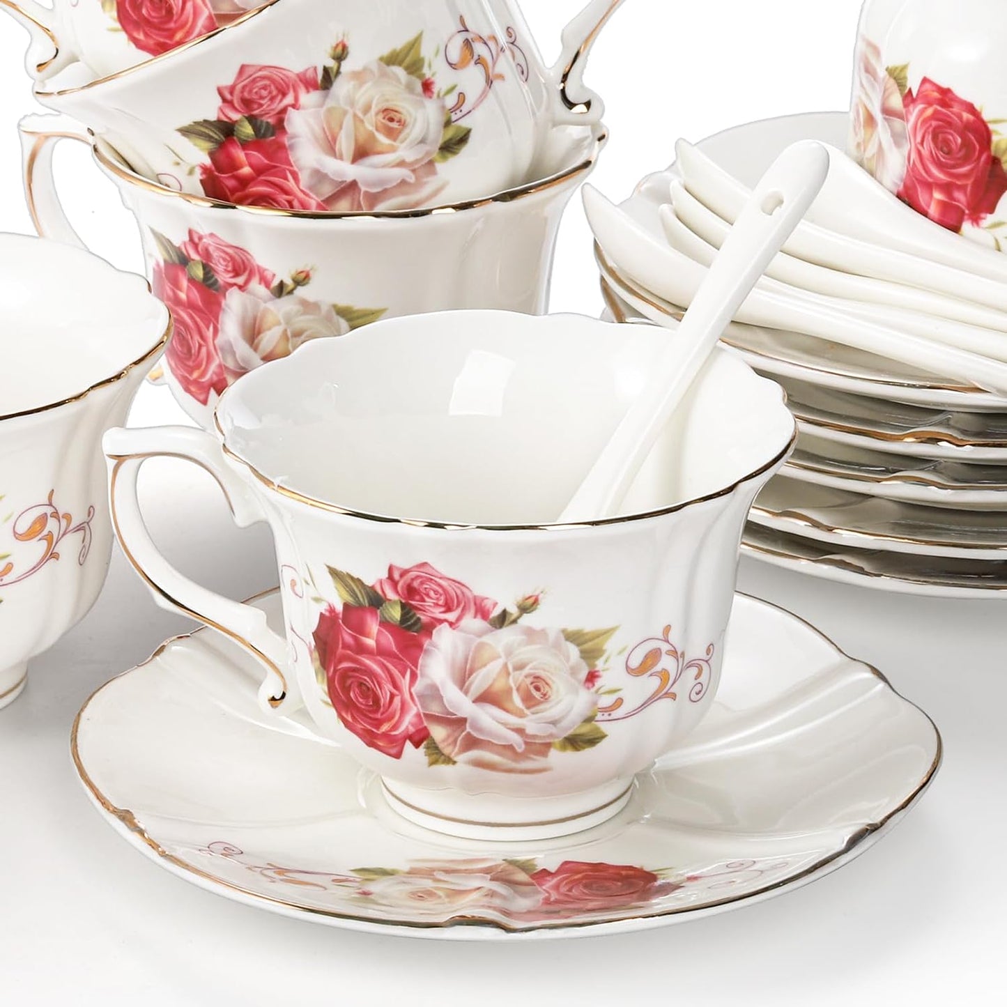 Foraineam Tea Cup and Saucer Set of 6, Porcelain Ivory Rose Tea Cups with Saucers and Spoons, 6 oz Floral Coffee Cup Set with Gold Trim, Latte Cups and Espresso Mug for Tea, Latte and Coffee Drinks