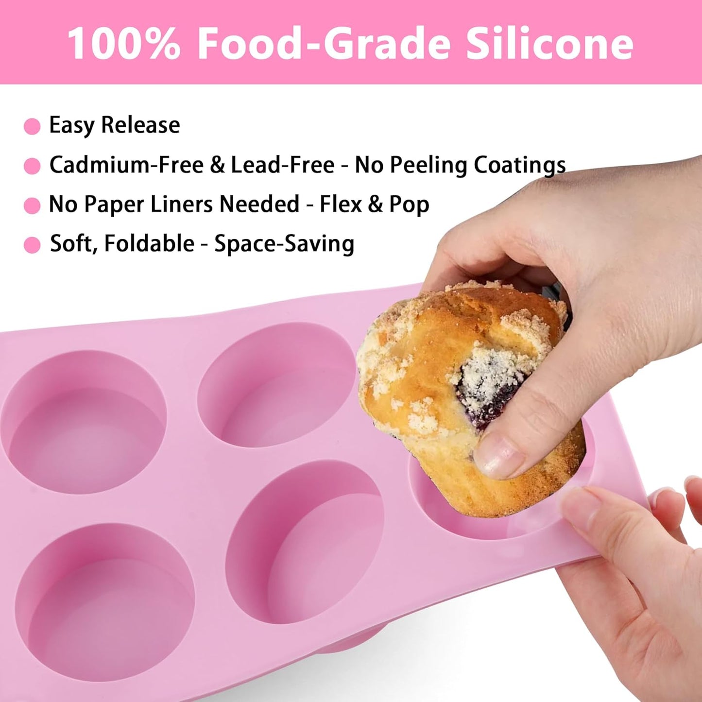 3-Pack Jumbo 6-Cup Silicone Muffin Pan - Non-Stick Baking Mold for Cupcakes, Muffin Cupcake Pans Molds for Baking, Cornbread, Eggs - Pink