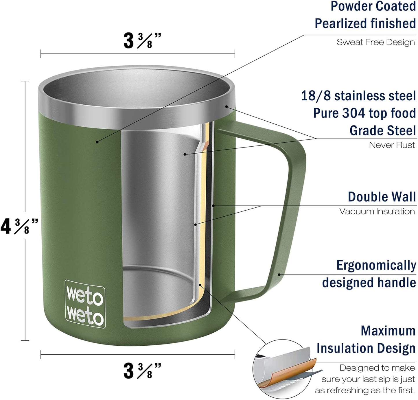 WETOWETO Coffee Mug with Handle, 14oz Insulated Stainless Steel Reusable Coffee Cup, Double Wall Coffee Travel Mug, Powder Coated Olive Green