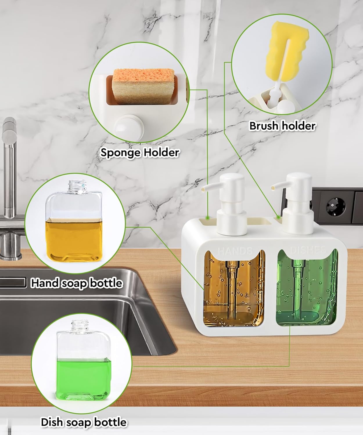 Kitchen Hand Soap and Dish Soap Dispenser Set, Dual Soap Dispenser with Sponge Caddy and Brush Holder 4-in-1 Organizer for Sink Countertop, Useful Kitchen Gadgets - White