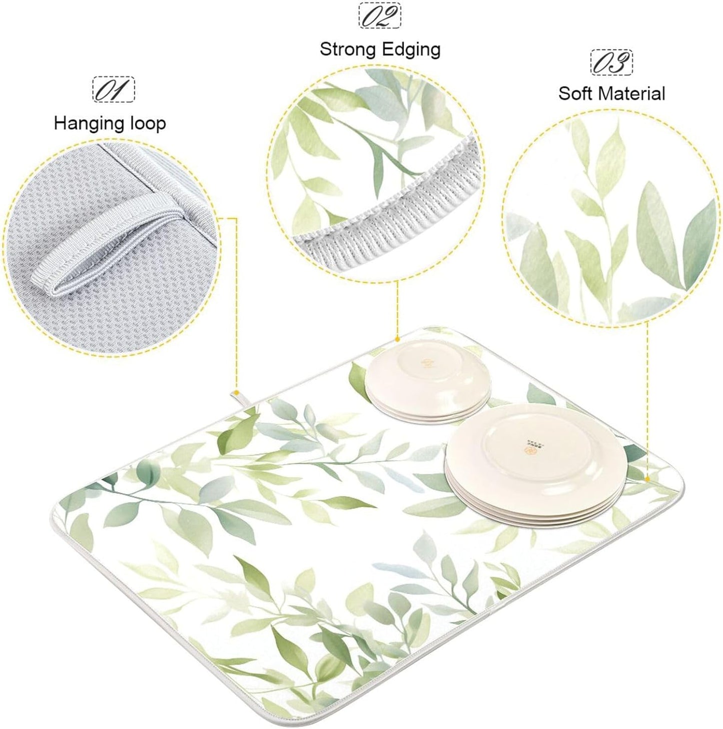 Sage Green Leaves Dish Drying Mat for Kitchen Counter Super Absorbent Dishes Pad Reversible Microfiber Protector Dish Draining Mats 18x24 inch