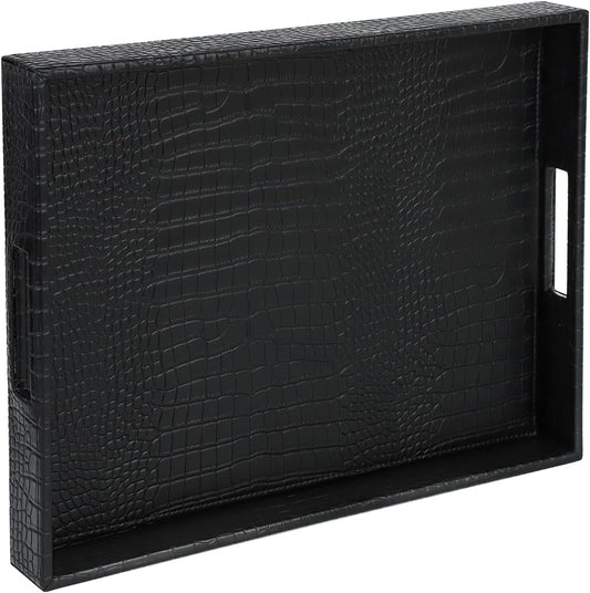 HofferRuffer Rectangle Serving Tray with Hole Handles for Coffee Table, Breakfast, Tea, Food, Butler - Countertop, Kitchen, Vanity Serve Tray, 16.2 x 12.2 x 2 inches, Faux Leather (Black Croco)