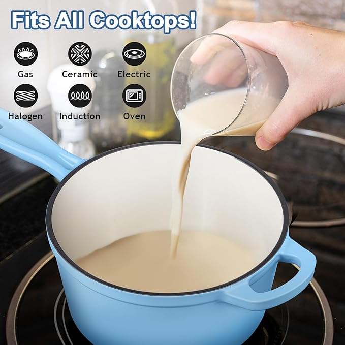 Enameled Cast Iron Sauce Pan with Lid, Leonyo 1 Quart Saucepan with Lid, Small Enamel Cast Iron Dutch Oven Kitchen Cookware for All Cooktops Cooking Soup, Milk - Up to 500°F & 4.4Lbs, Lake Blue