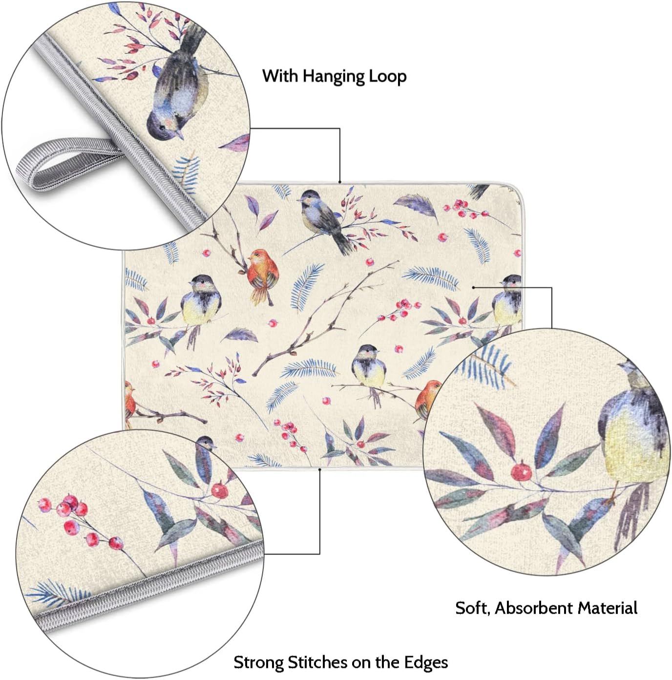 Hexteria Vintage Birds Dish Drying Mat Microfiber Kitchen Drying Mat Dish Drying Mats for Kitchen Counter Absorbent Quick Drying Pad 16x18 Inch