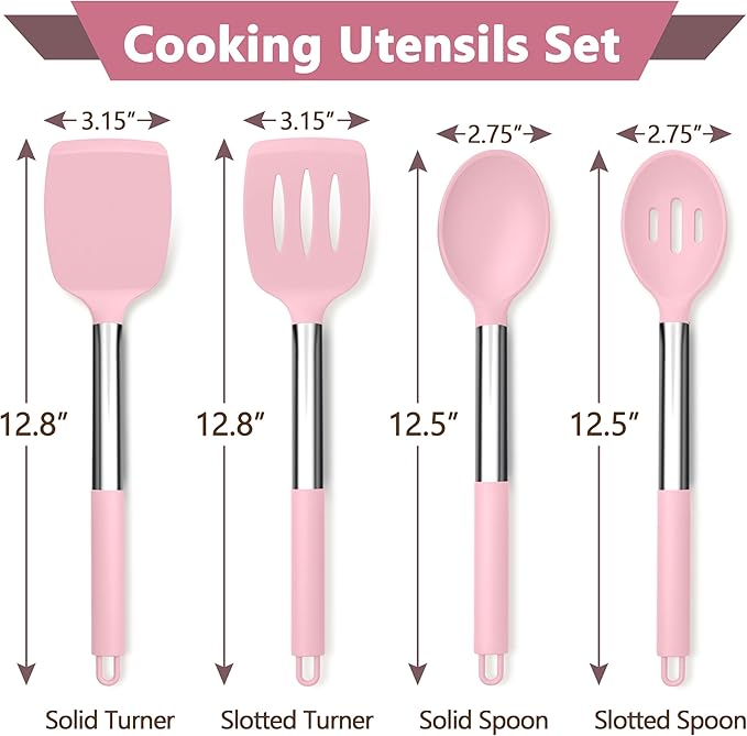 P&P CHEF Pink Kitchen Cooking Utensil Set of 4, Silicone Solid Spatulas Slotted Spoons Turners for Non-stick Cookware Flipping Mixing, Heat-proof