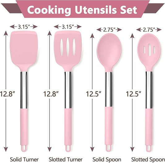 P&P CHEF Pink Kitchen Cooking Utensil Set of 4, Silicone Solid Spatulas Slotted Spoons Turners for Non-stick Cookware Flipping Mixing, Heat-proof