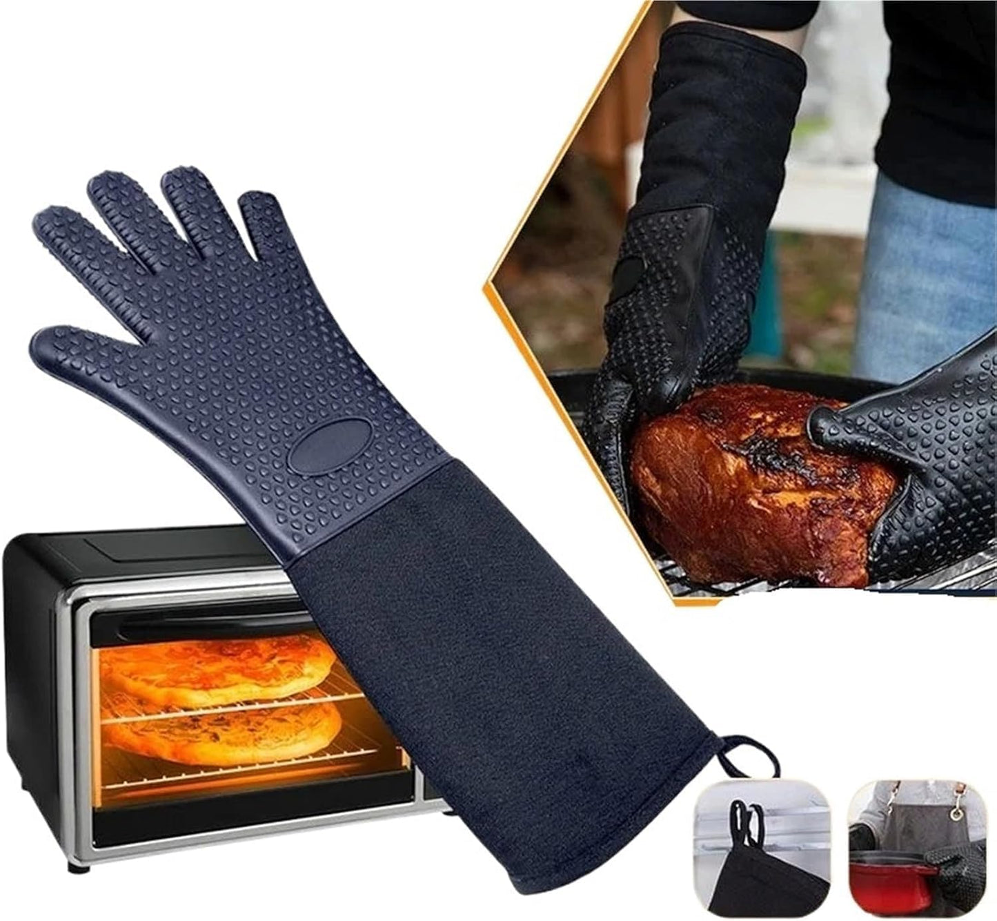 Extra Long Oven Mitts Heat Resistant Cotton Lining Oven Thick Gloves Kitchen Food Service Mittens for Pot Holders Cooking Baking BBQ (19.7 Inch Black -1pair)