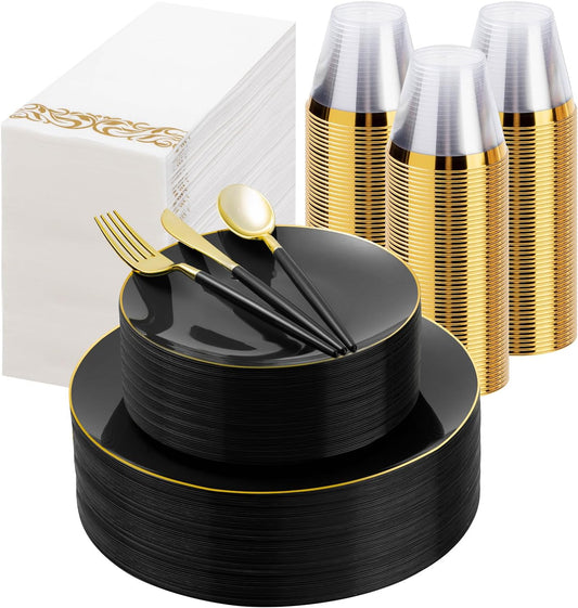 350 Pieces Black Gold Plastic Dinnerware Set, Gold Disposable Plates for Party, Include 100 Black Plates with 150 Plastic Cutlery, 50 Napkins and 50 Cups
