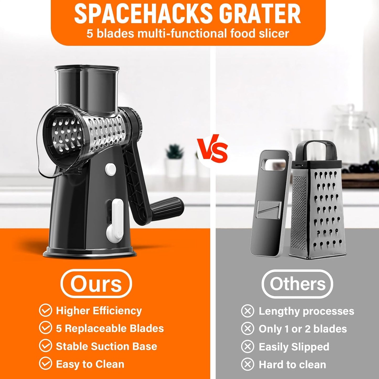 Rotary Cheese Grater Hand Crank with 5 Interchangeable Blades, Vegetable Chopper Spiralizer Slicer for Fruit Vegetable Nuts, Mandoline Slicer for Kitchen with Blades Rack & Suction Base, Black