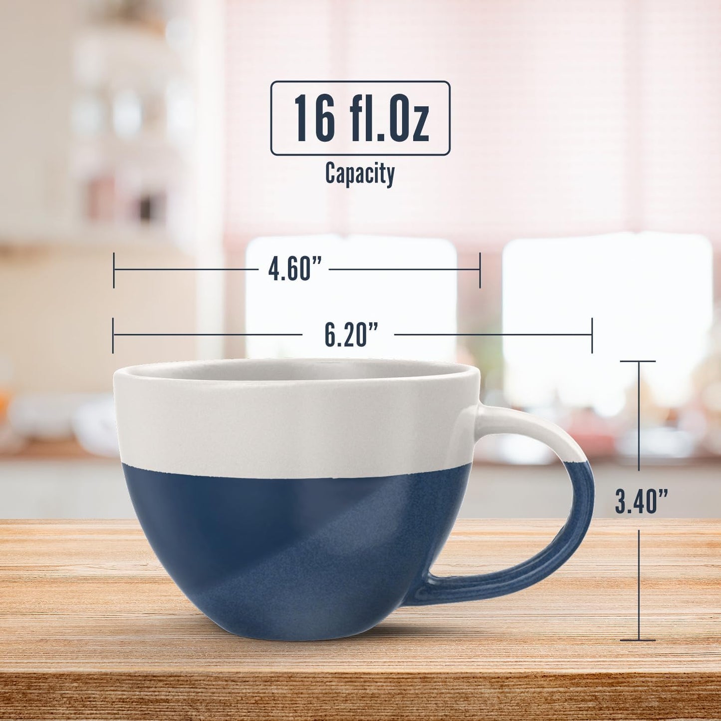 Francois et Mimi Set of 4 Oversized 16oz Wide-mouth Soup & Cereal Ceramic Coffee Mugs (Blue and White), Bowls For Soup, Cocoa, Latte and More. Dishwasher and Microwave Safe.