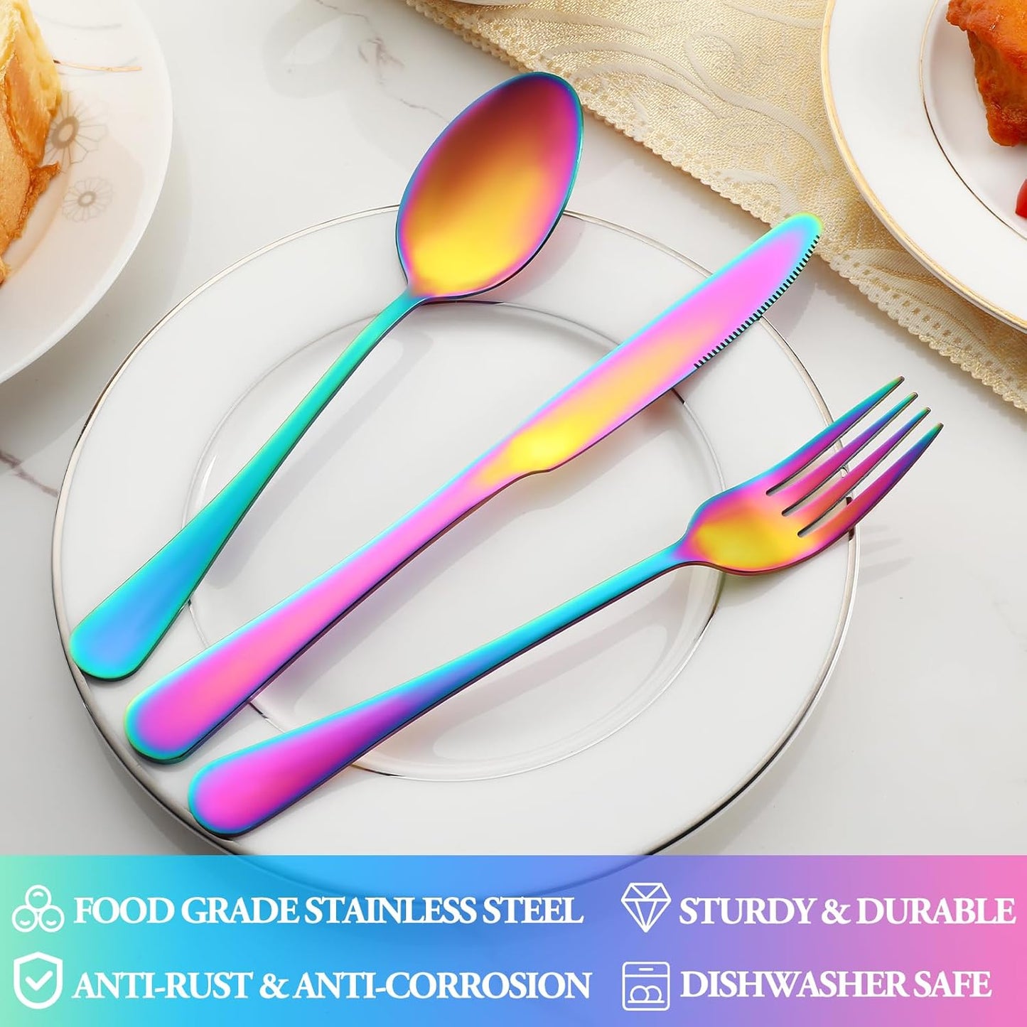 40 Pcs Rainbow Silverware Set Service for 8,Stainless Steel Flatware Serving Sets,Kitchen Tableware Set,Utensil Set for Home and Restaurant,Knives Forks Spoons Set,Mirror Polished,Dishwasher Safe