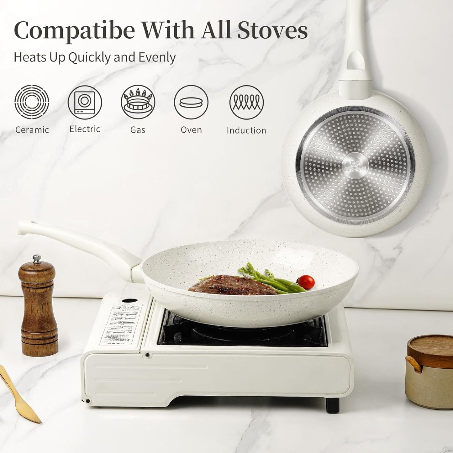 8 Inch Non Stick Frying Pan - White Ceramic Non Stick Skillet Frying Pans, Safe&No Toxic Egg Omelette Frying Pan, Small Nonstick Cookware Cooking Pan, Induction Compatible, PFOA&PFAS Free