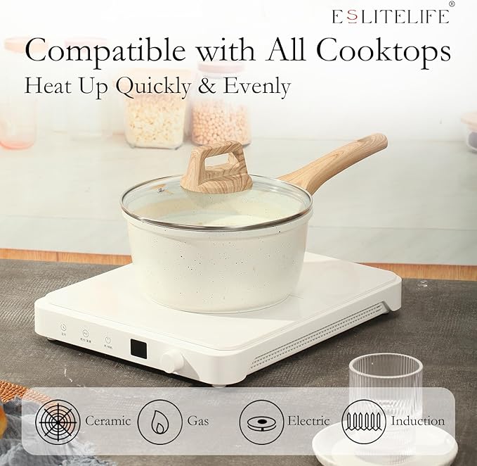 ESLITE LIFE 1.5 QT & 2.5 QT Sauce Pan Set with Lids, Nonstick Small Soup Pot Compatible with All Stovetops (Gas, Electric & Induction), PFOA Free, White