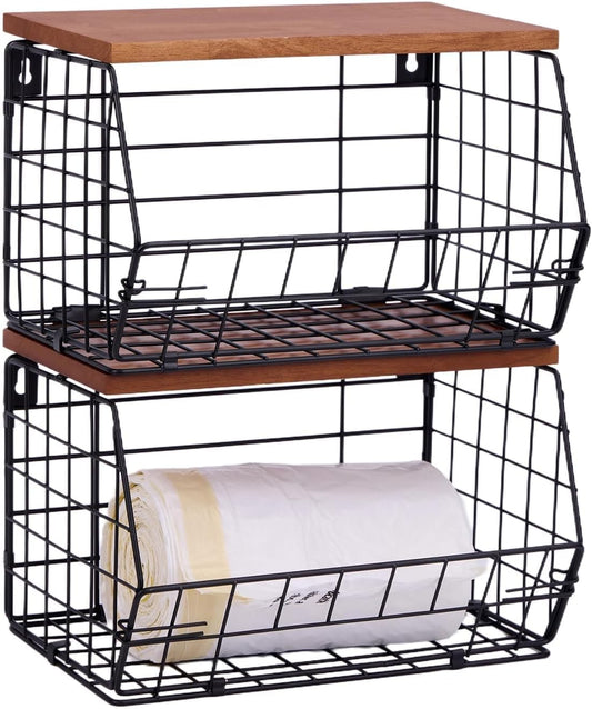 2 Pack XL Trash Bag Holder, Stackable Garbage Bag Dispenser with Wood Lid for Kitchen Countertop Pantry, Laundry & Under Sink Organization Storage