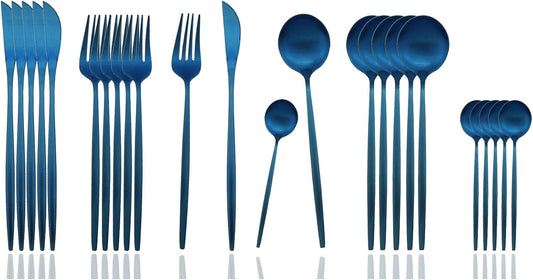 JASHII Silverware Set, 24-Piece Stainless Steel Flatware, Kitchen Utensil Set for 6, Tableware Cutlery - Matte Blue, Dishwasher Safe