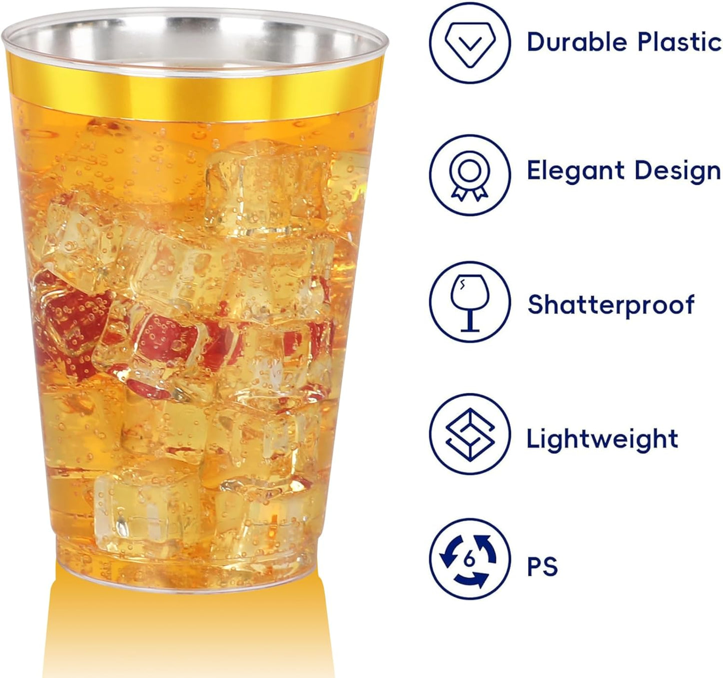 200 Pcs Gold Plastic Cups,12oz Gold Rimmed Plastic Cups,Heavy Duty Disposable Plastiic Wine Glasses Cocktail Glasses Premium Cup with Gold Rim for Party,Wedding,Christmas