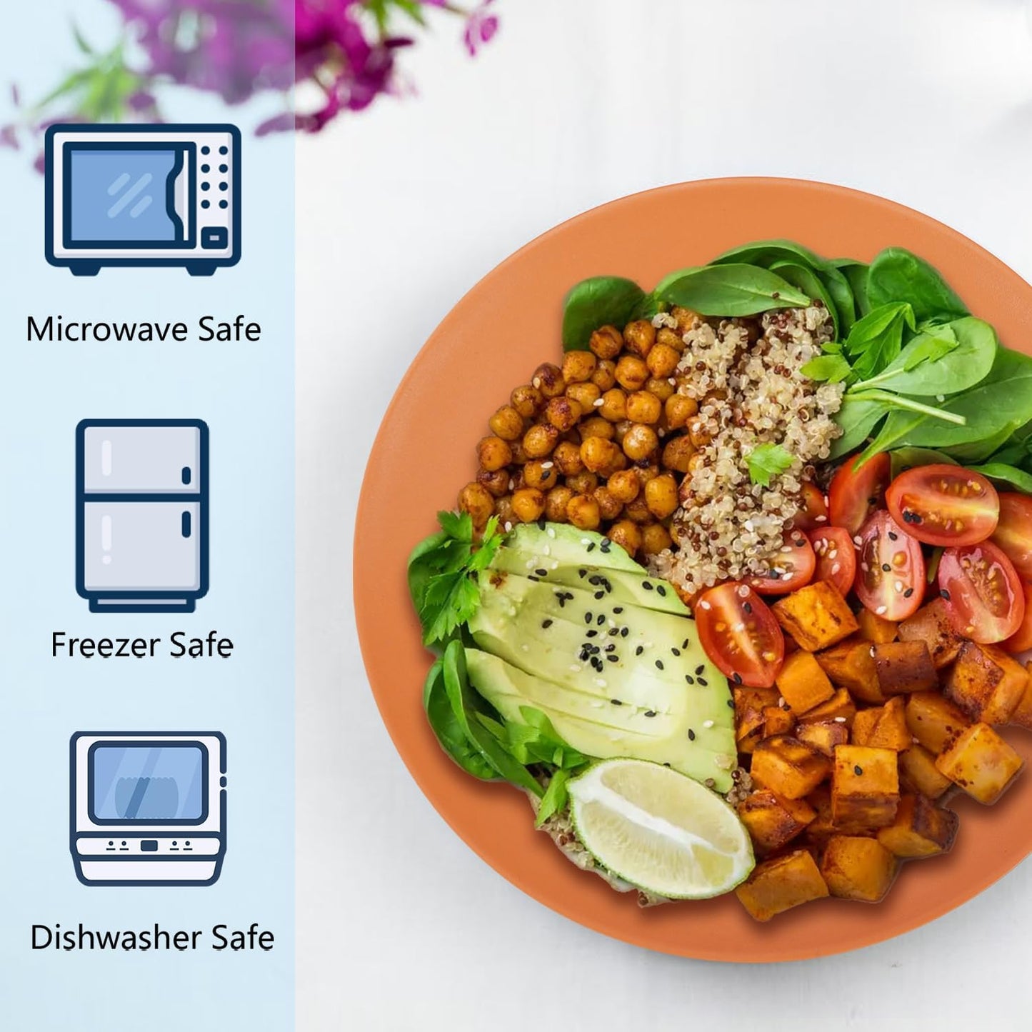 Homienly Flat Dinner Plates Set of 8 Alternative for Plastic Plates Microwave and Dishwasher Safe Wheat Straw Plates for Kitchen Unbreakable Kids Plates(Orange, 10 inch)