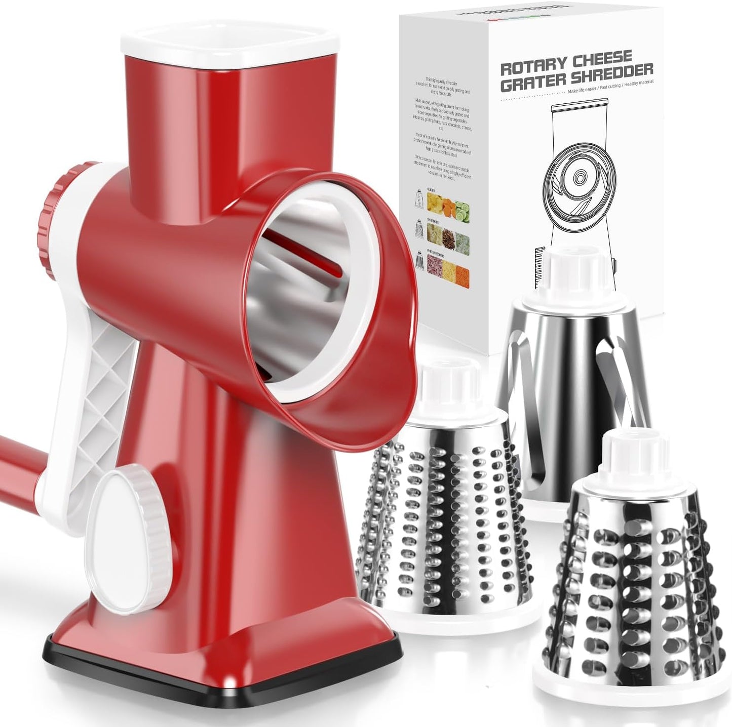 KEOUKE Rotary Cheese Grater Hand Crank Red - Shredder Slicer Grinder 3 Stainless Steel Blades, Stable Suction, Labor-Saving Handle, Safe Kitchen Tool for Cheese, Vegetable, Nuts, Chocolate