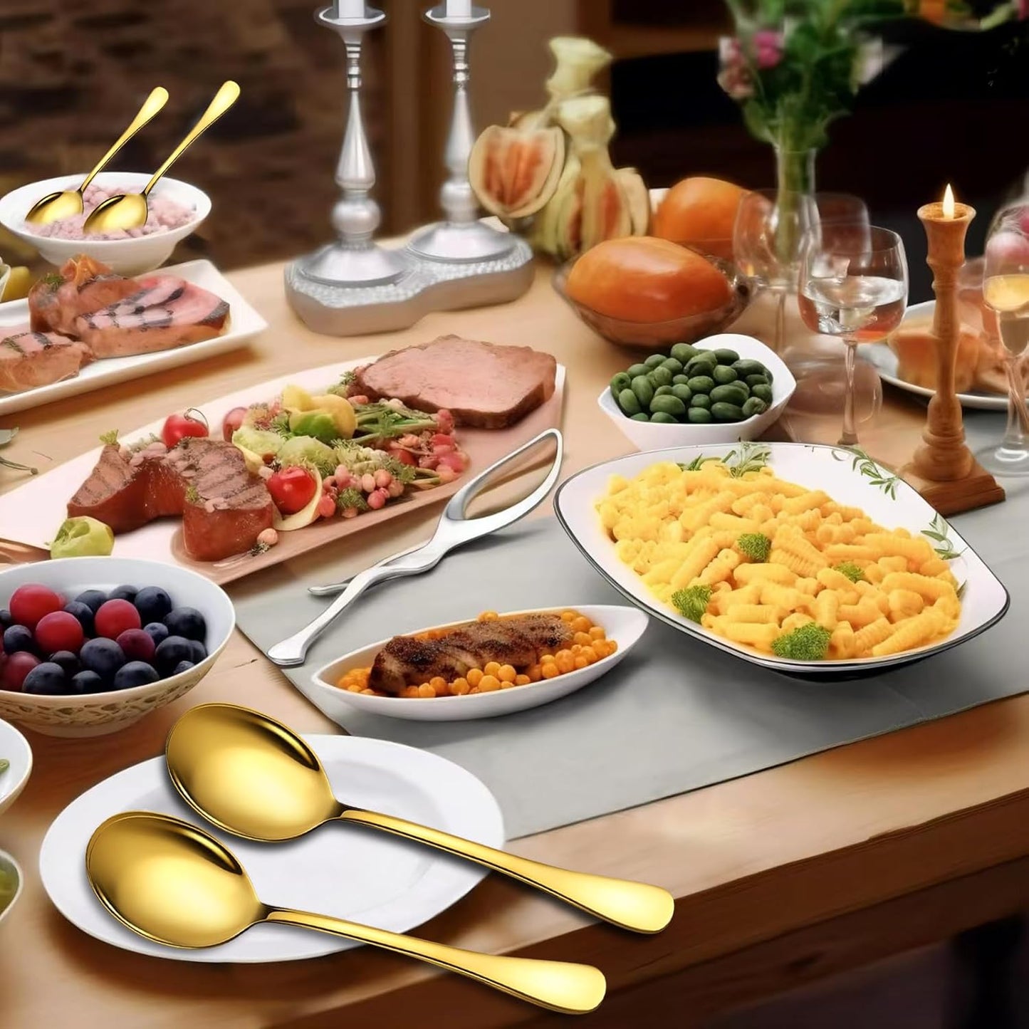 Stainless Steel Serving Spoons Set, 8pc, 10-Inch, Includes 8 Large Spoons, for Parties/Kitchen/Buffet/Catering, Dishwasher Safe, Gold