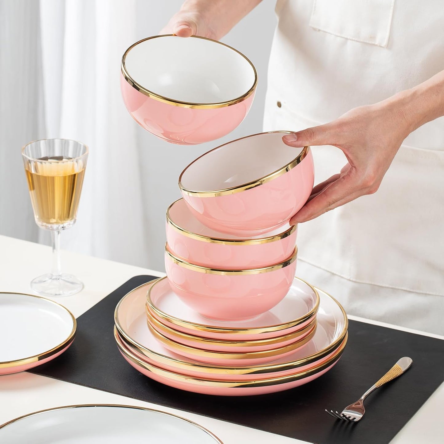 Pink Dinnerware Sets for 4 Ceramic, 16-Piece Luxury Plates and Bowls Sets with Gold Rim, Modern Dish Set for Wedding Christmas Anniversary, Crack Resistant | Dishwasher & Freezer Safe