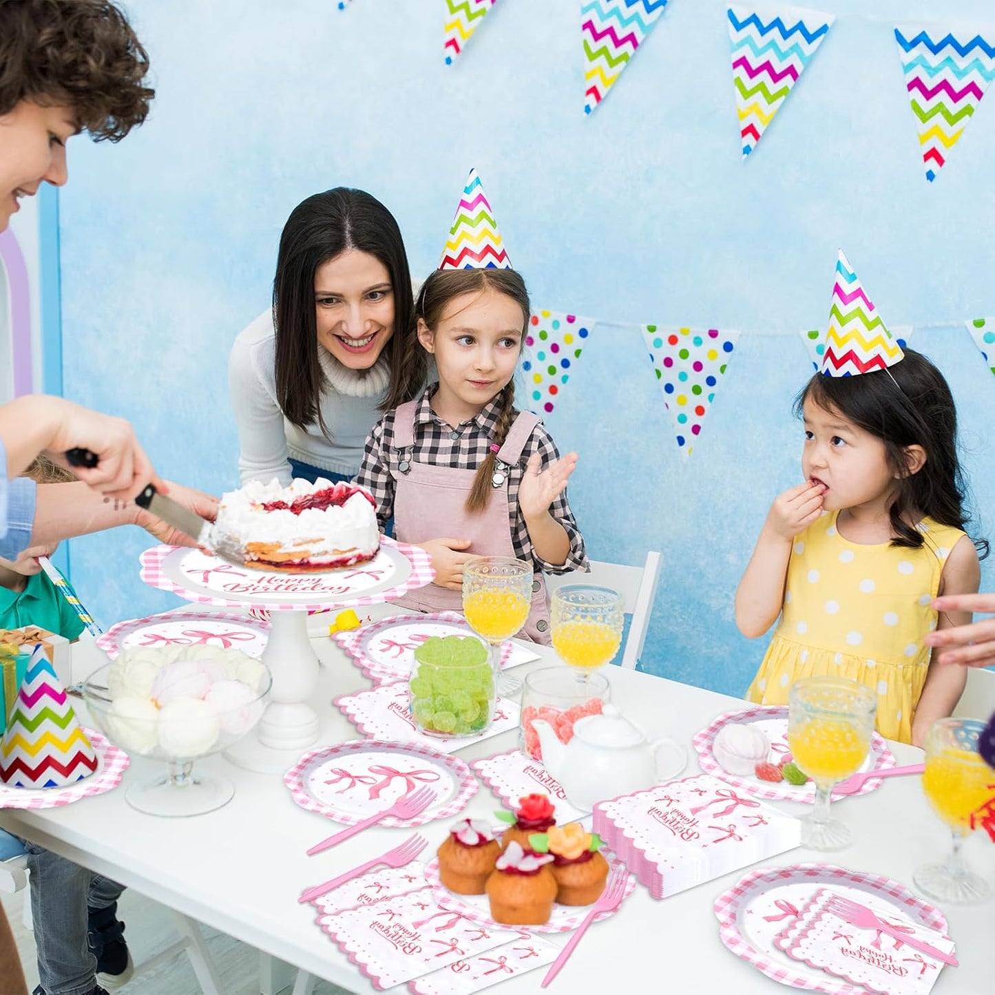 96 Pieces Pink Happy Birthday Tableware Set Party Supplies – Scalloped Bow and Gingham Themed Disposable Dinnerware with Paper Plates, Napkins, and Forks for Girls Birthday Celebrations – Serves 24