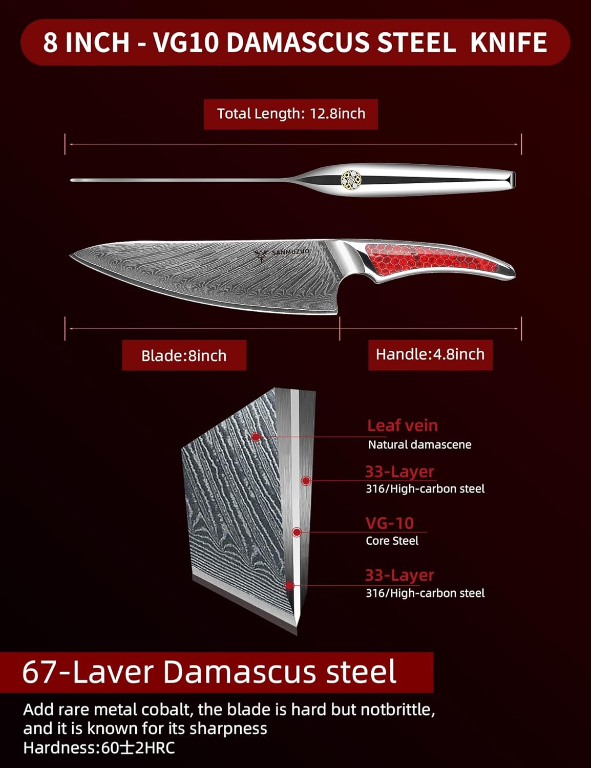 8 inch Chef Knife, Japanese VG-10 Damascus Steel Kitchen Knife, Ultra Sharp Cooking Knife with Full-tang Handle in Red Resin, LA-S9 Series