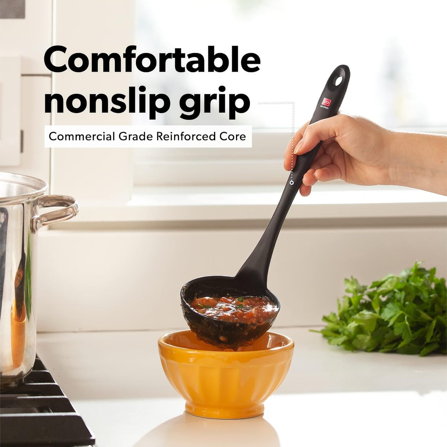 DI ORO Silicone Ladle & Spoons for Cooking – Large Kitchen Spoons for Mixing, Serving, & Stirring - Soup Ladle with Wide Bowl - High Heat Silicone Kitchen Utensils for Nonstick Cookware Safe (Black)