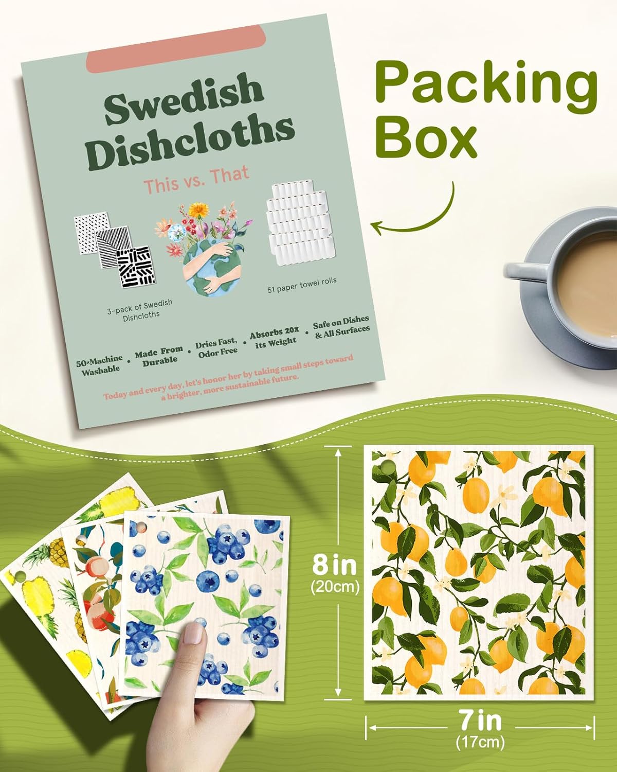 6 Pack Swedish Dishcloths for Kitchen - Reusable Dish Cloths for Washing Dishes Absorbent Cute Funny Kitchen Towels Cleaning Sponge, Lemon Fruit