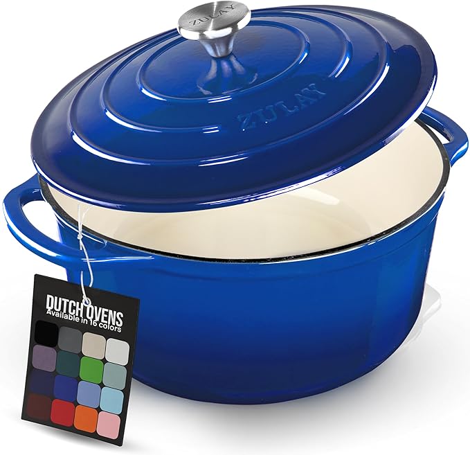 Zulay Kitchen 7.7 Quart Enameled Cast Iron Dutch Oven Pot with Lid – Premium Durability & Oven Safe up to 500°F – Heavy Duty Cookware Perfect for Bread Baking, Stews, Braising & Roasting – Blue