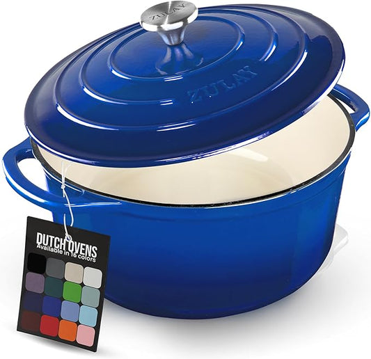 Zulay Kitchen 7.7 Quart Enameled Cast Iron Dutch Oven Pot with Lid – Premium Durability & Oven Safe up to 500°F – Heavy Duty Cookware Perfect for Bread Baking, Stews, Braising & Roasting – Blue
