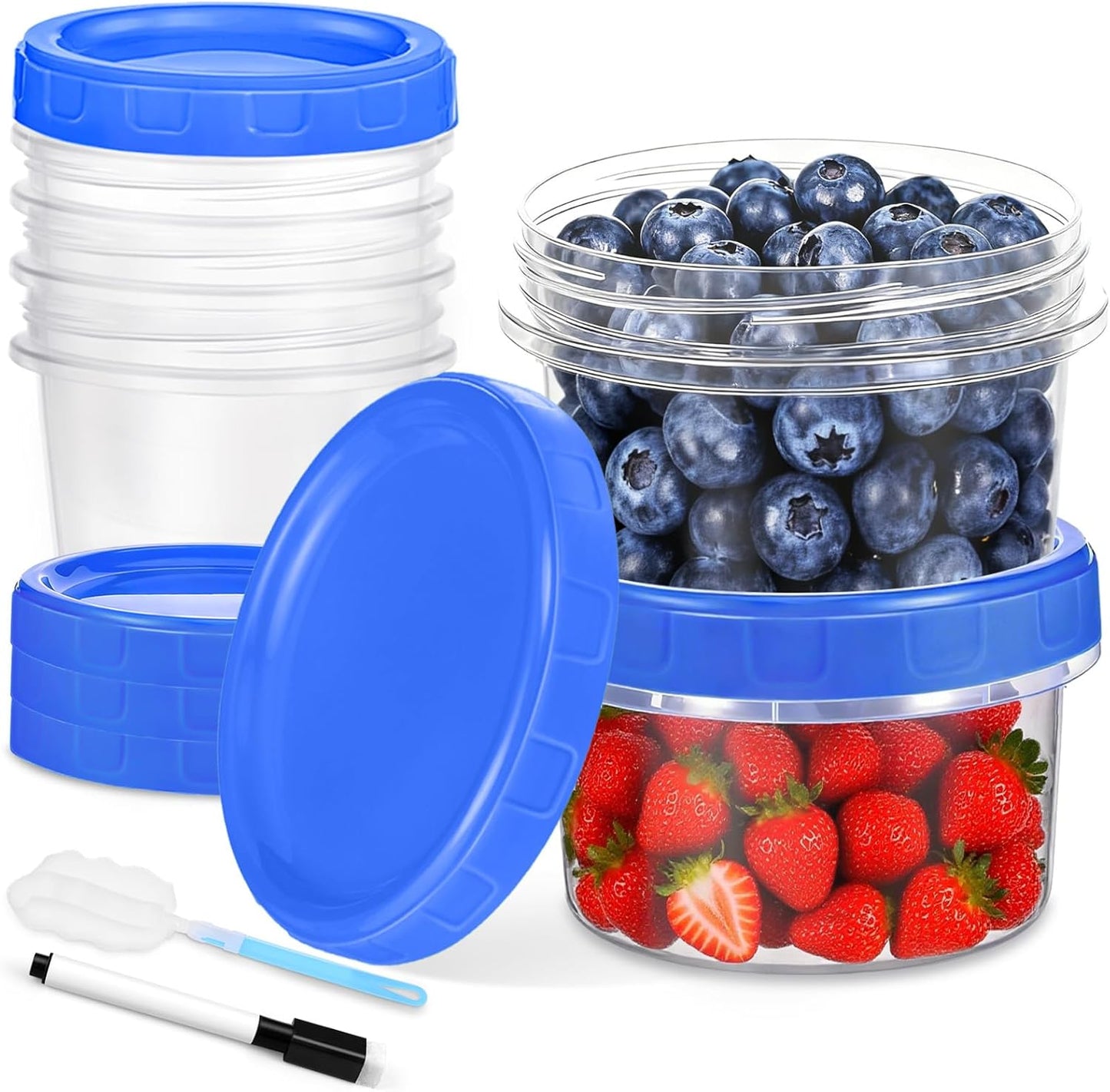 6 Pcs 8 oz Plastic Containers with Screw Lids, Reusable Clear Food Storage Containers with Pen and Brush for Snack Salad Fruit, Freezer Storage Containers, Microwave & Dishwasher Safe