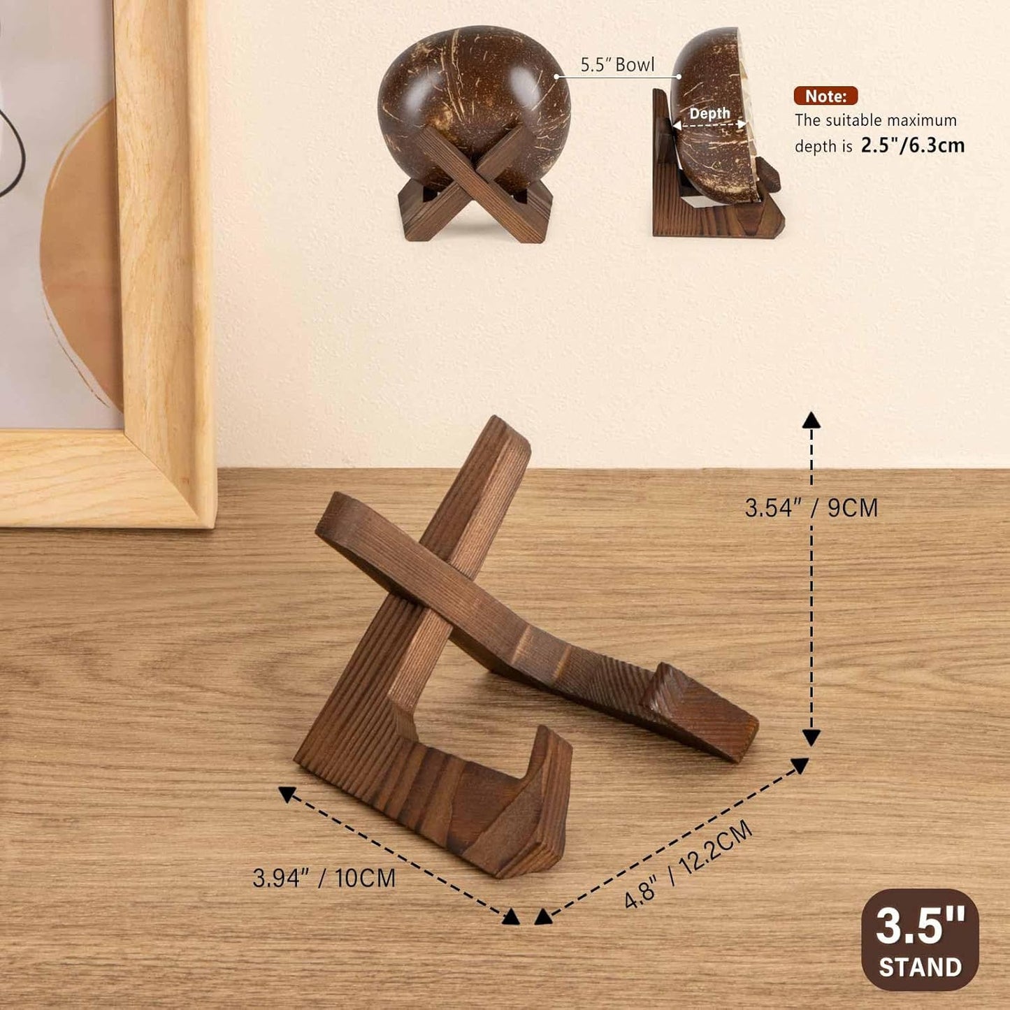 Bowl Stands for Display, 3.5 Inch Plate Holder, Wooden Easel Frame Holder, Display Stand for Large Deep Platters and Dishes, 3.5" H x 4.8" W x 4" D (For Bowls under 2.5" in Depth)