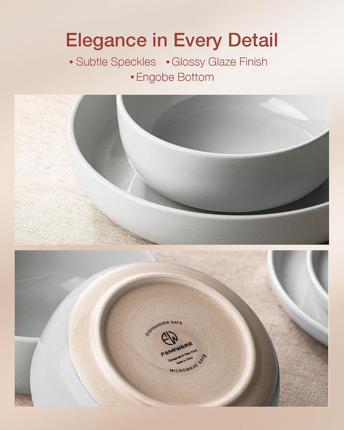 Famiware Milkyway Plates and Bowls Set, 12 Pieces Dinnerware Sets, Dishes Set for 4, Light Gray