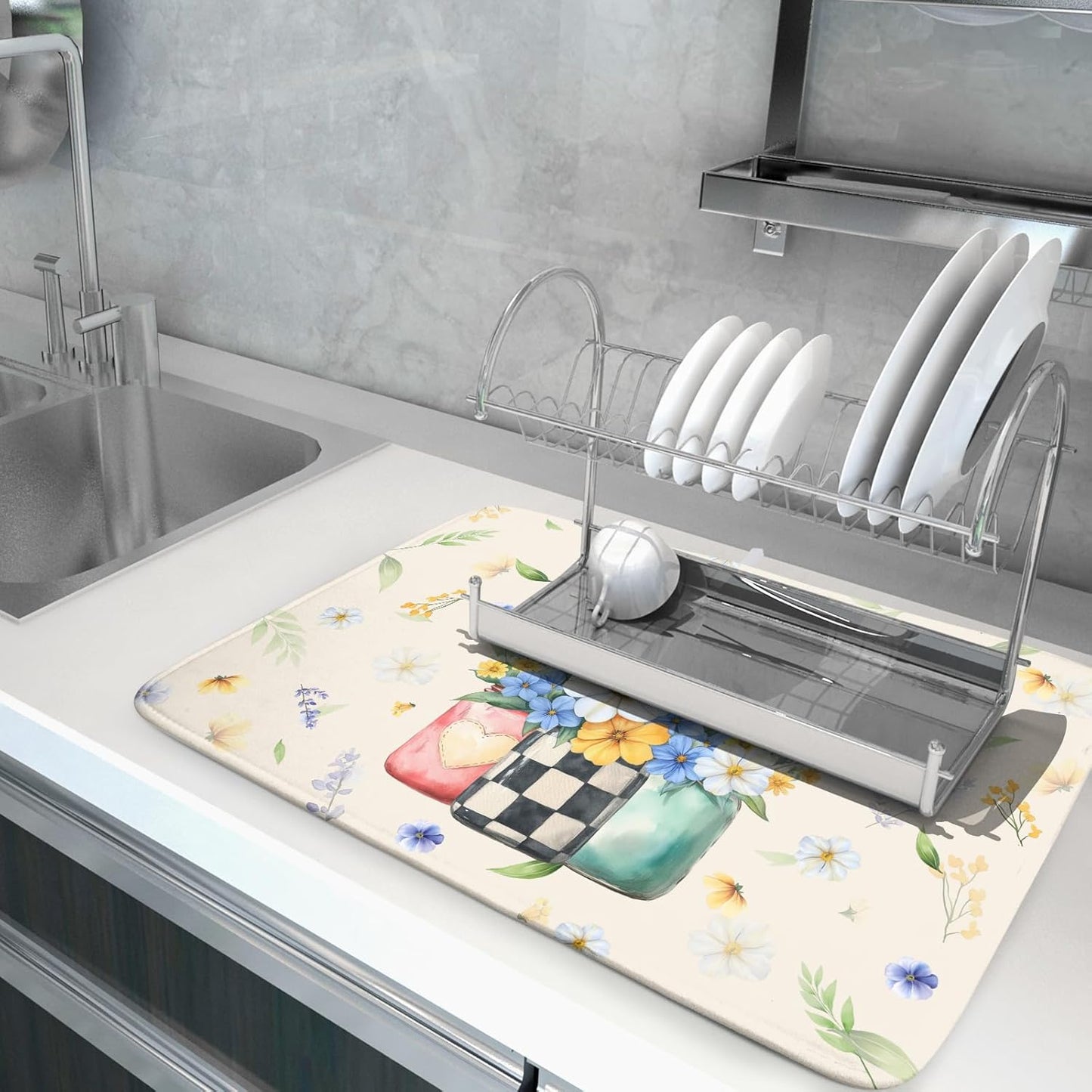 Giwawa Spring Flower Vases Dish Drying Mat for Countertop, 18"x24" Watercolor Floral Mason Jar Dish Drainer Mats, Wildflower Botanical Fast Dry Microfiber Large Dish Drying Pad Decoration