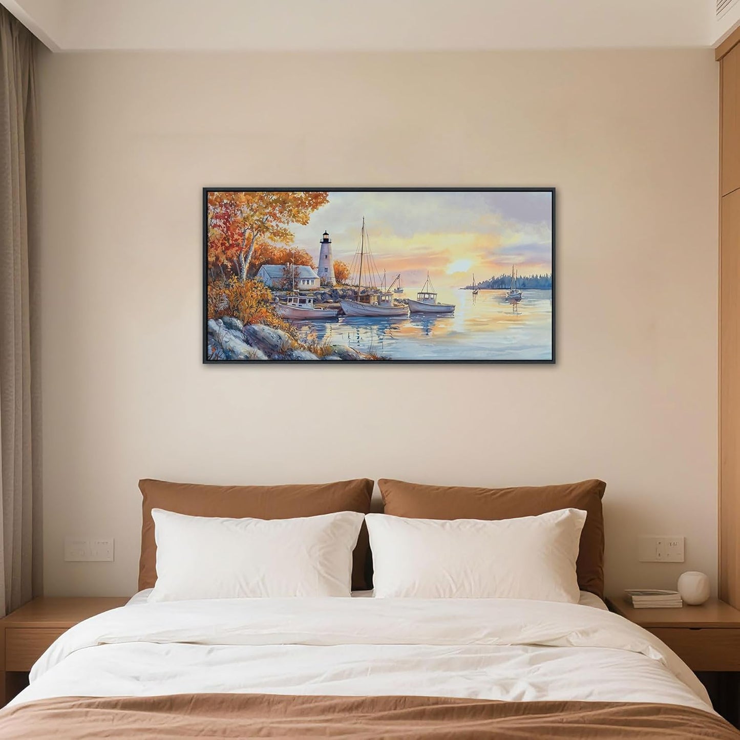 QZQCBLC Sunset Landscape Wall Art, Sea Harbor Lighthouse Ink Paintings Framed Artwork Homeward-bound Boat Soft Tone Wall Pictures for Living room Bedroom Bathroom Home Office Decor 20x40 IN