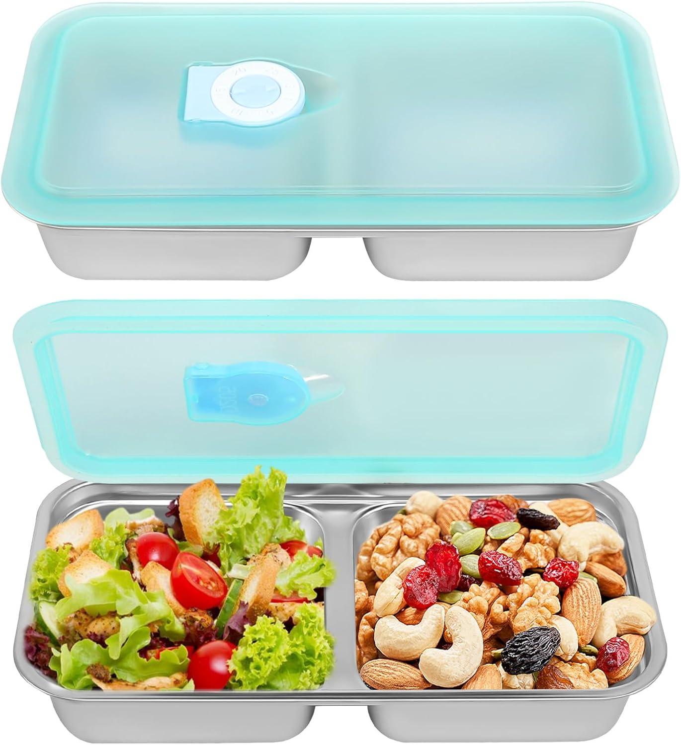 Stainless Steel Snack Containers, 2 Pack Double Compartment Food Storage Containers with Lids, Containers Reusable Stainless Steel Divided Meal for Travel Outdoor Camping