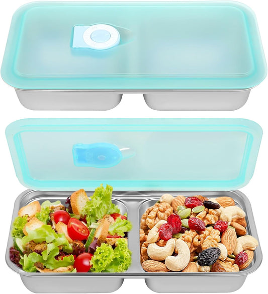 Stainless Steel Snack Containers, 2 Pack Double Compartment Food Storage Containers with Lids, Containers Reusable Stainless Steel Divided Meal for Travel Outdoor Camping