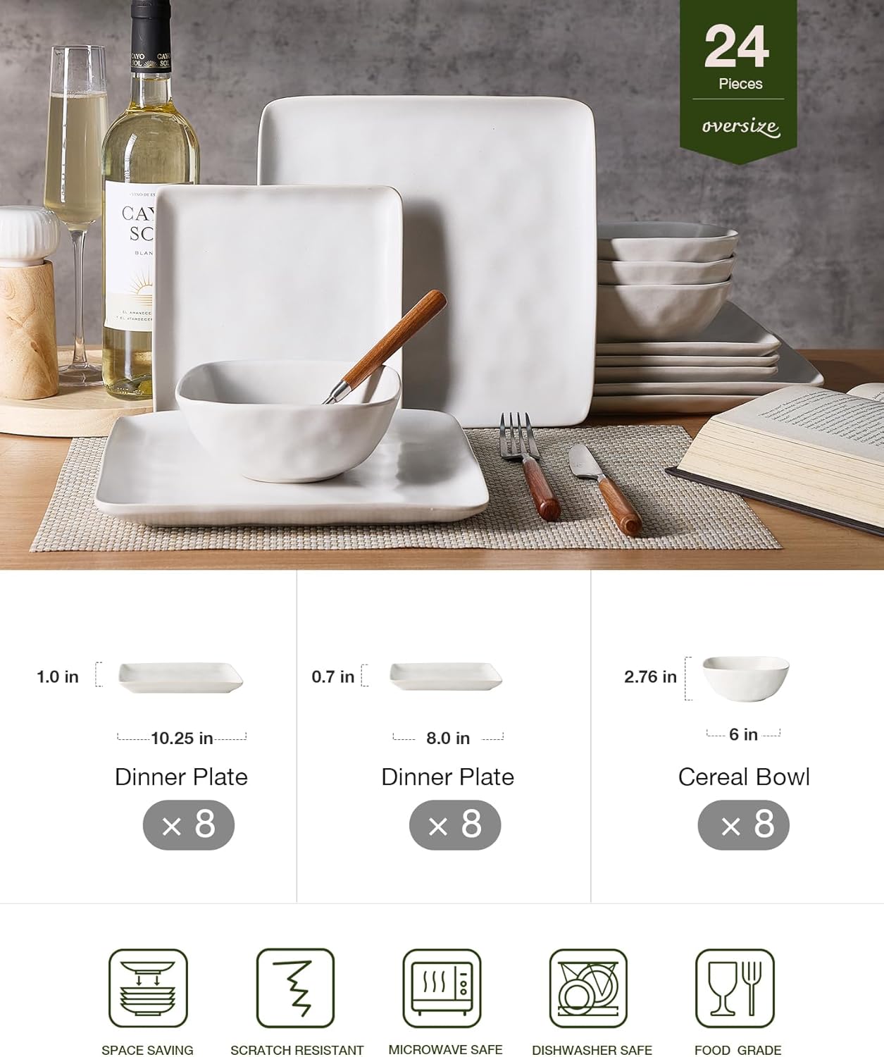 Famiware Dinnerware Sets for 8, Ocean Square 24-Piece Kitchen Plates and Bowls Sets, Microwave and Dishwasher Safe, Scratch Resistant, Matte White