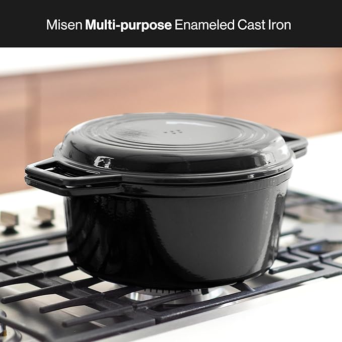 Misen 7 QT Enameled Cast Iron Dutch Oven - Chip-Resistant Enamel Coating - Thick Iron Core For Heat Retention - Large Cooking Surface - Oven Safe, Induction Compatible - Grill and Silicone Lid, Black