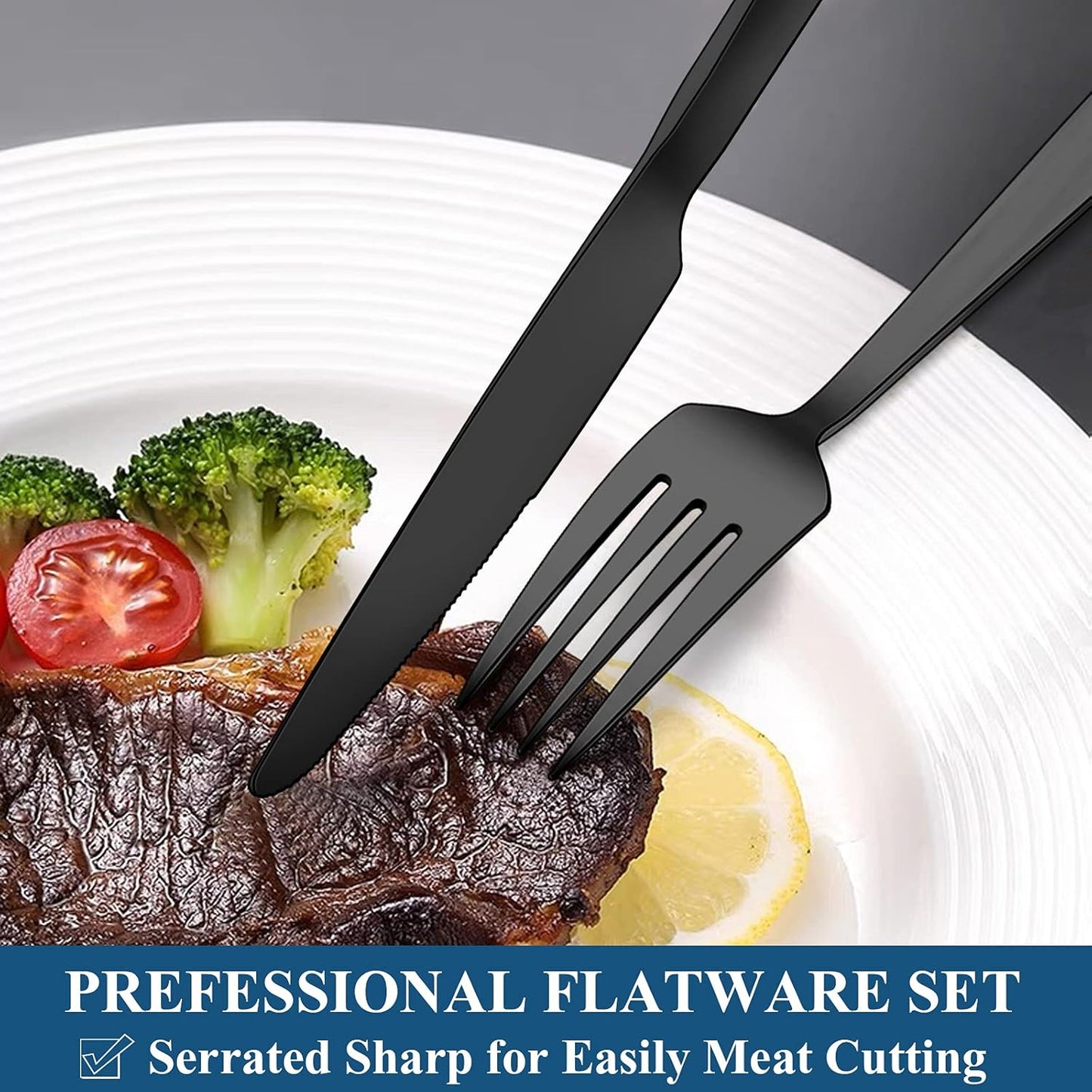 Wildone 60-Piece Black Silverware Set, Stainless Steel Flatware Square Cutlery Set Service for 12, Eating Utensils Include Knife Fork Spoon, Mirror Polished & Dishwasher Safe