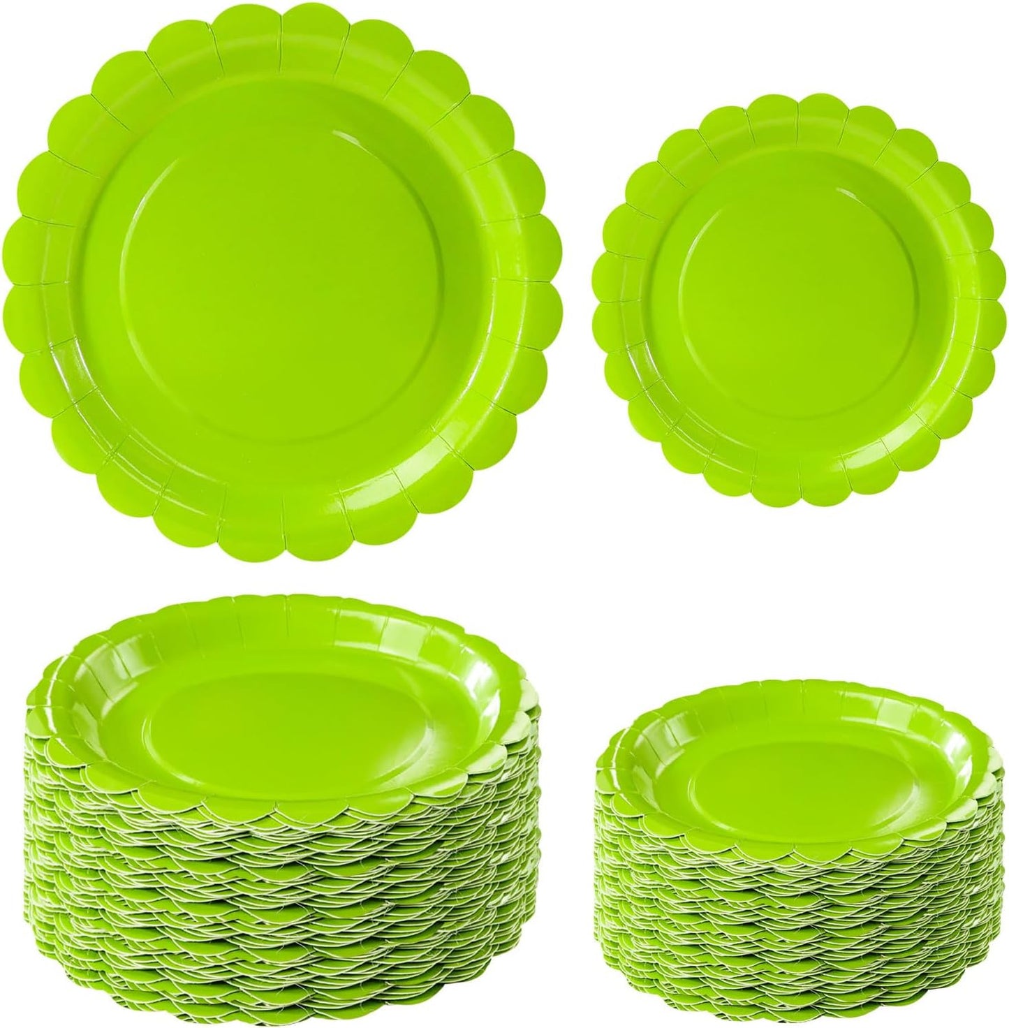 50 Pcs Lime Green Scalloped Paper Plates 25 × 7'' and 25 × 9'' Disposable Lime Green Scalloped Dinner Plates for Wedding Baby Shower Birthday Party Disposable Dessert Plate