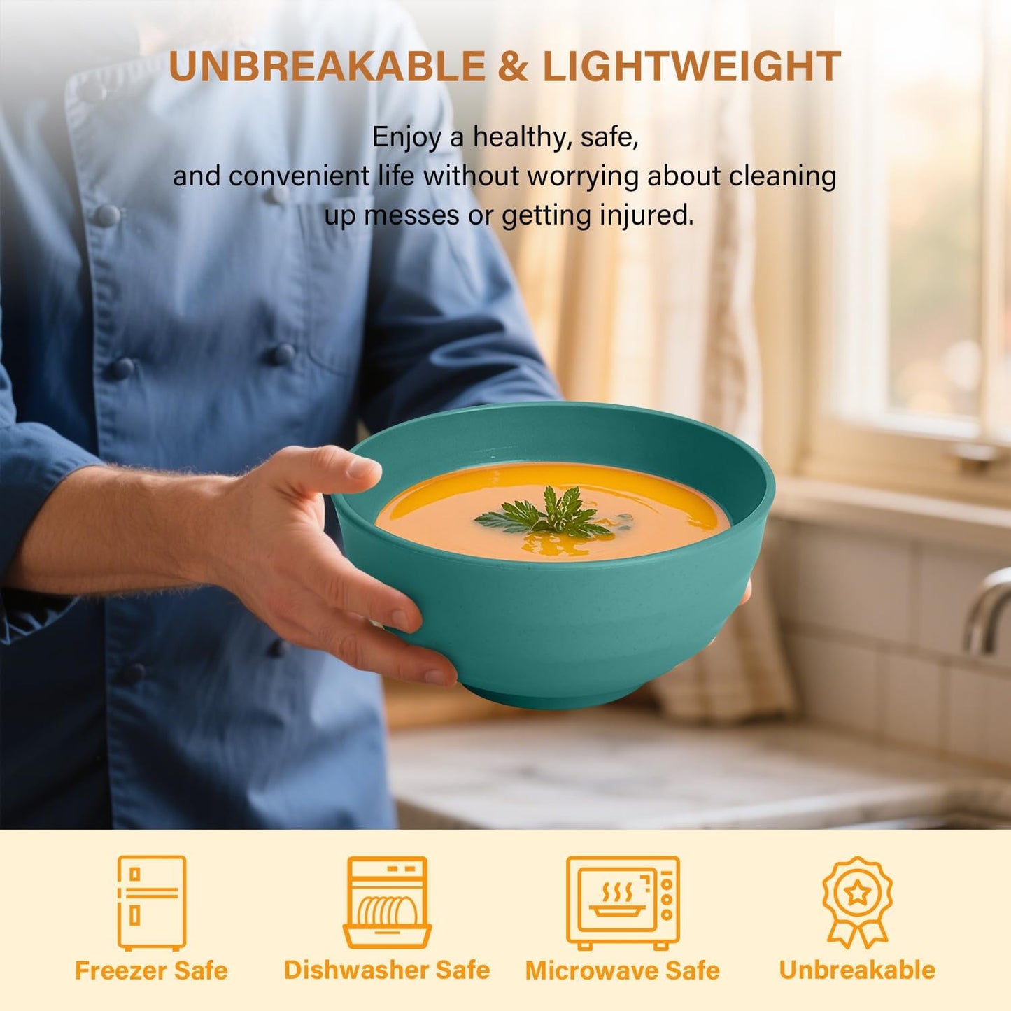 Homienly Wheat Straw Large Bowls, 60 OZ Salad Bowls Set of 8, Unbreakable Large Serving Bowl for Kitchen, Camping, Microwave and Dishwasher Safe Big Plastic Bowl Set Reusable-Green