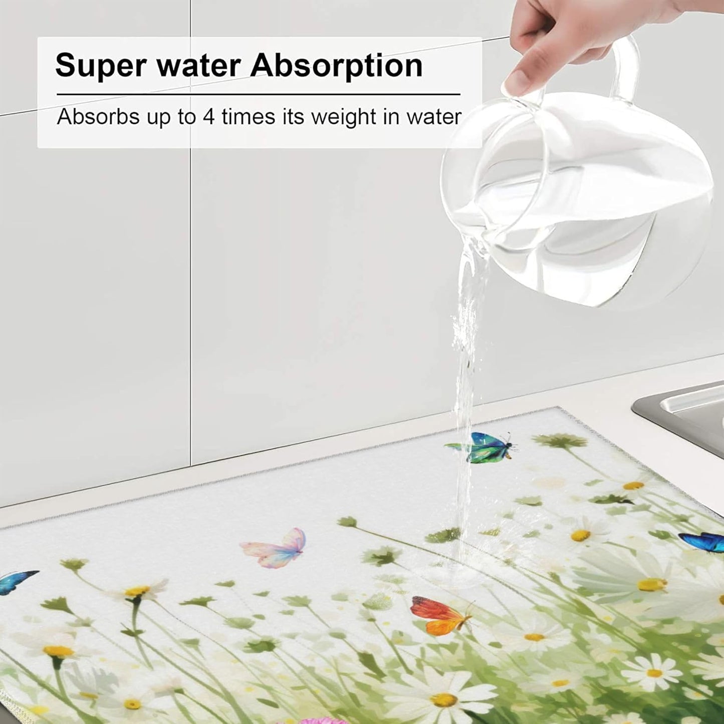 Vintage Watercolor Daisy Butterfly Dish Drying Mat for Kitchen Counter, 16"x18" Microfiber Absorbent Fast Dry Mat, 2Pcs Dish Mat Faucet Mats Sets, Large Drying Kitchen Mat Kitchen Drying Pad