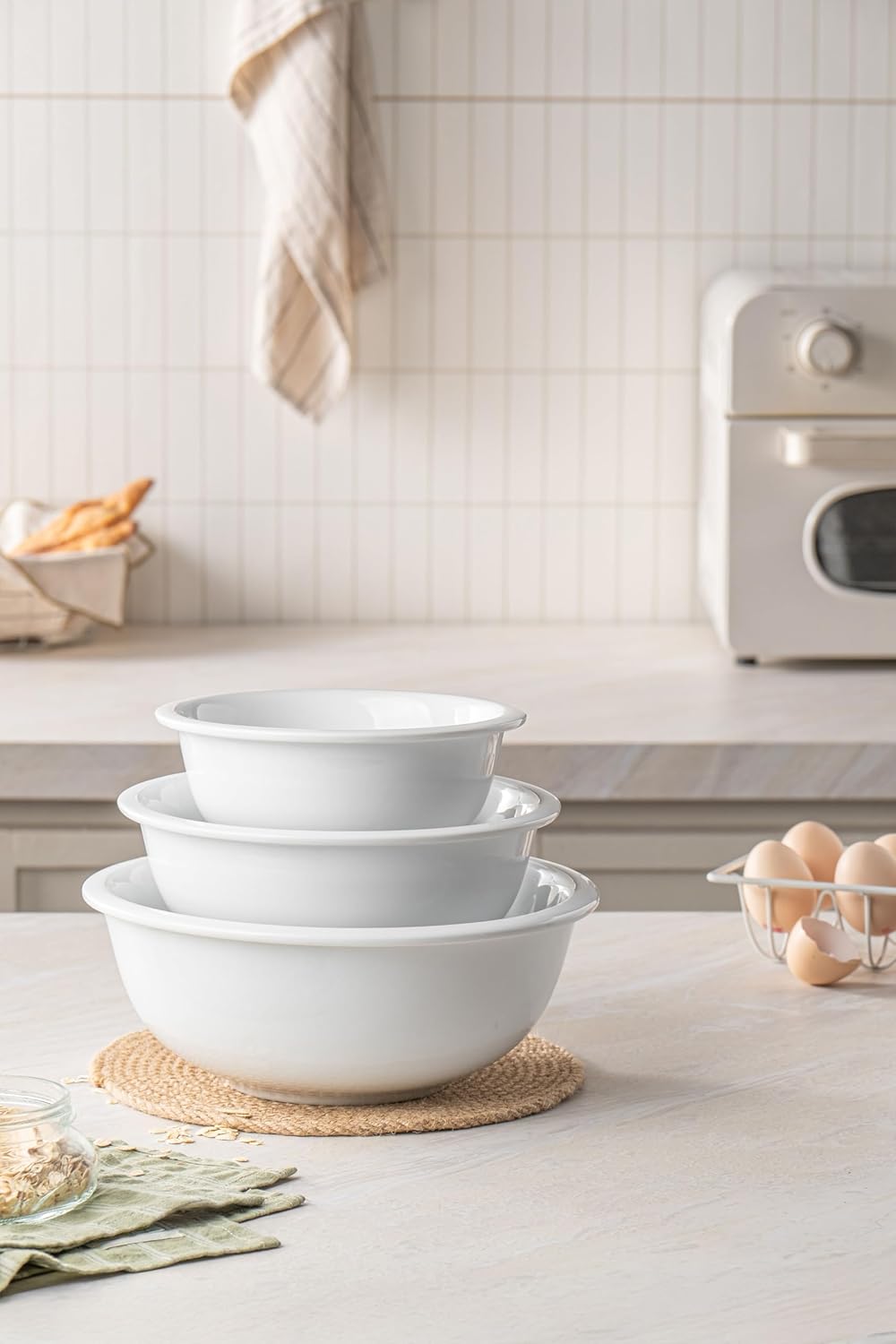 3-Piece Poecelain Mixing Bowls Set For Prepping, Serving, Gift,Baking and Cooking, Preheated Oven, Microwave, and Freezer, Dishwasher Safe (Pure White)